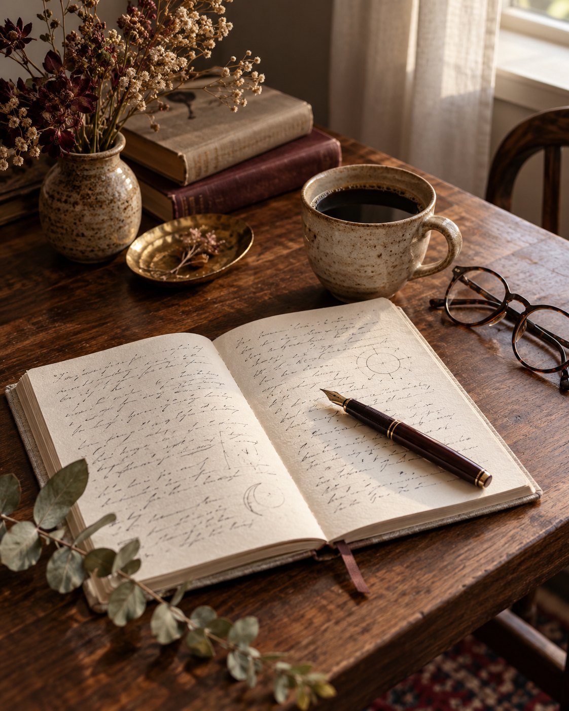 Un cuaderno abierto y una lapicera sobre una mesa de madera.