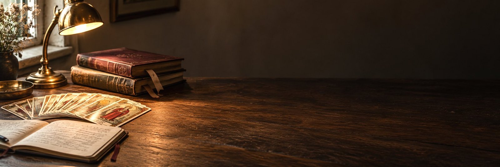 Mesa de estudio con el mazo, libros y apuntes.