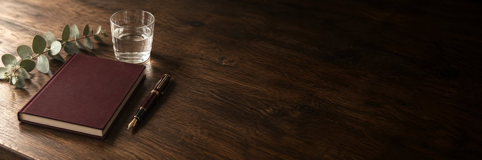 Un cuaderno, una lapicera y una rama de eucalipto sobre una mesa de madera.