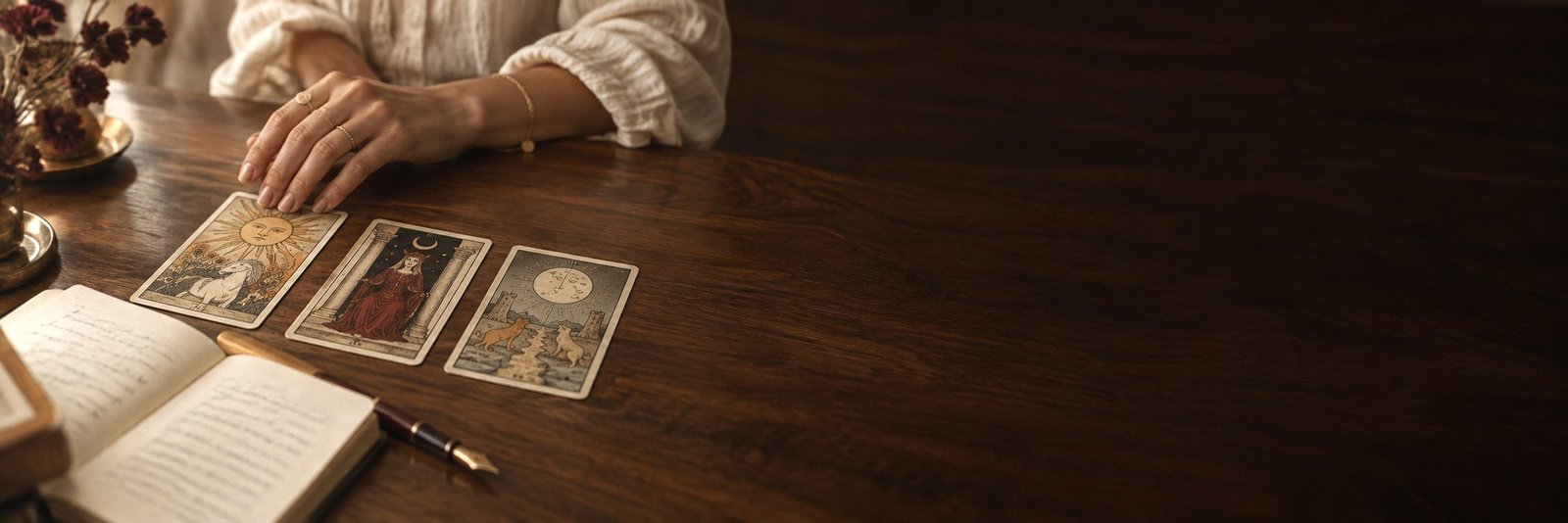 Unas manos apoyando una carta sobre la mesa, junto a un cuaderno abierto.