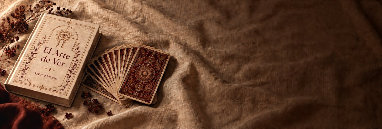 El libro El arte de ver junto al mazo de tarot desplegado en abanico sobre lino.