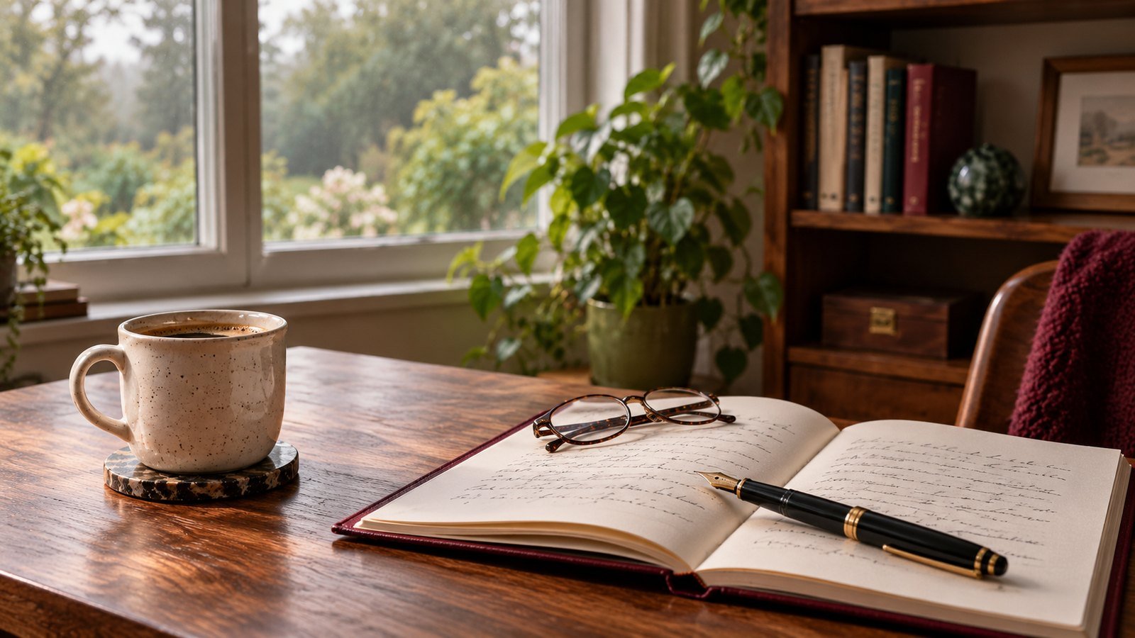 Un cuaderno abierto, una lapicera y una taza junto a una ventana.
