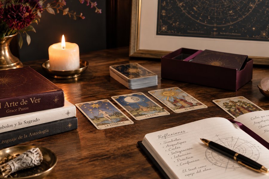 Cartas de tarot, libros y un cuaderno de apuntes sobre una mesa de estudio.
