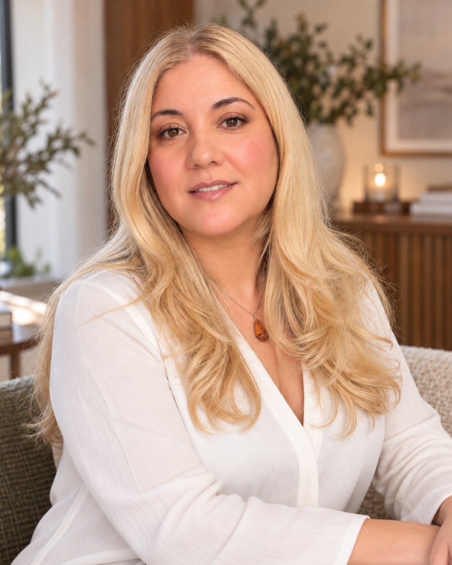 Retrato de Grace Pazos, sentada, con blusa blanca.