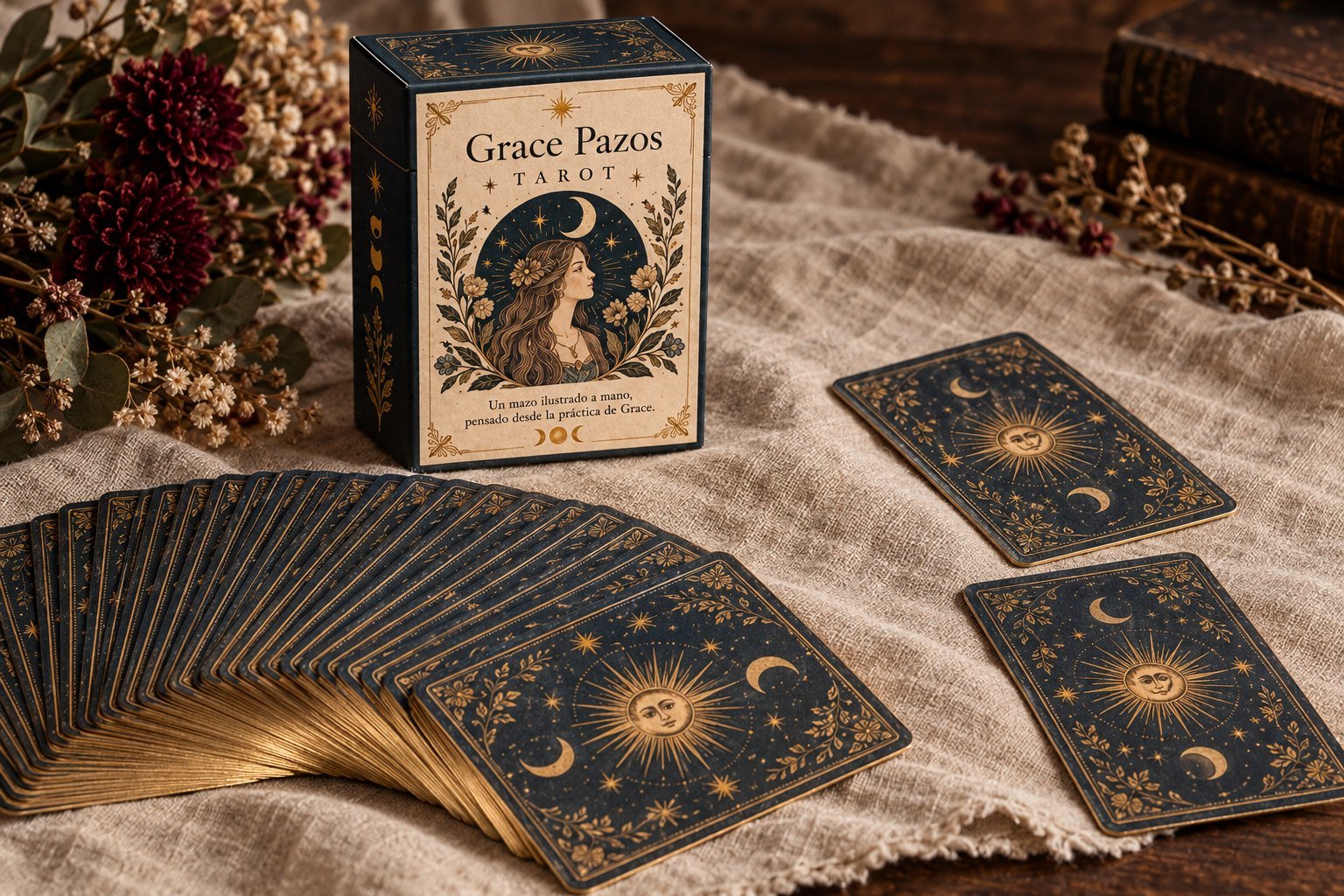 Maqueta ilustrativa del mazo de tarot de Grace Pazos: la caja y las cartas en abanico.