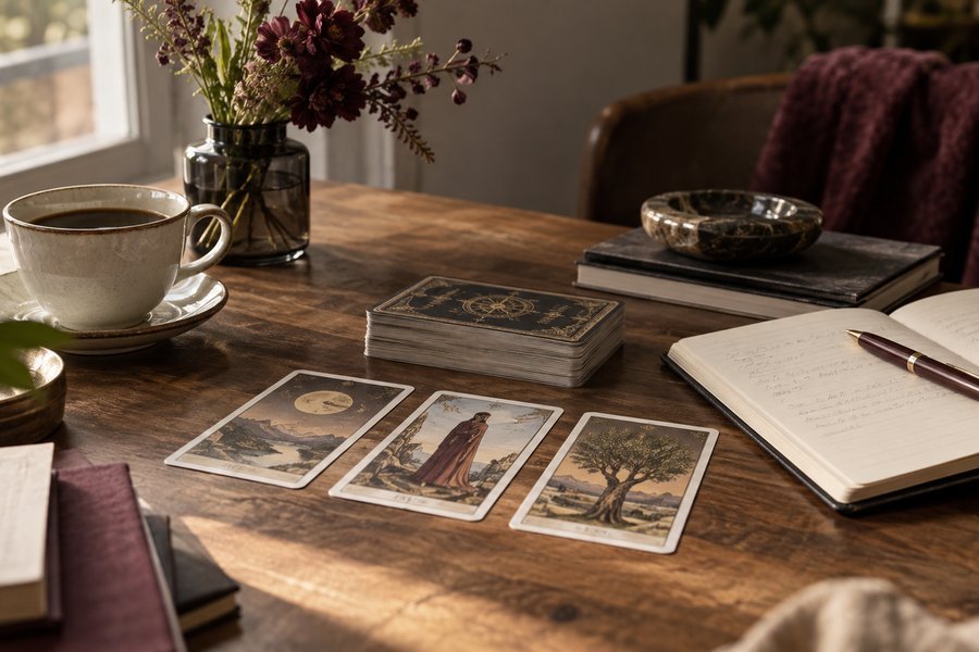 Tres cartas de tarot, un cuaderno y una taza sobre una mesa de madera.