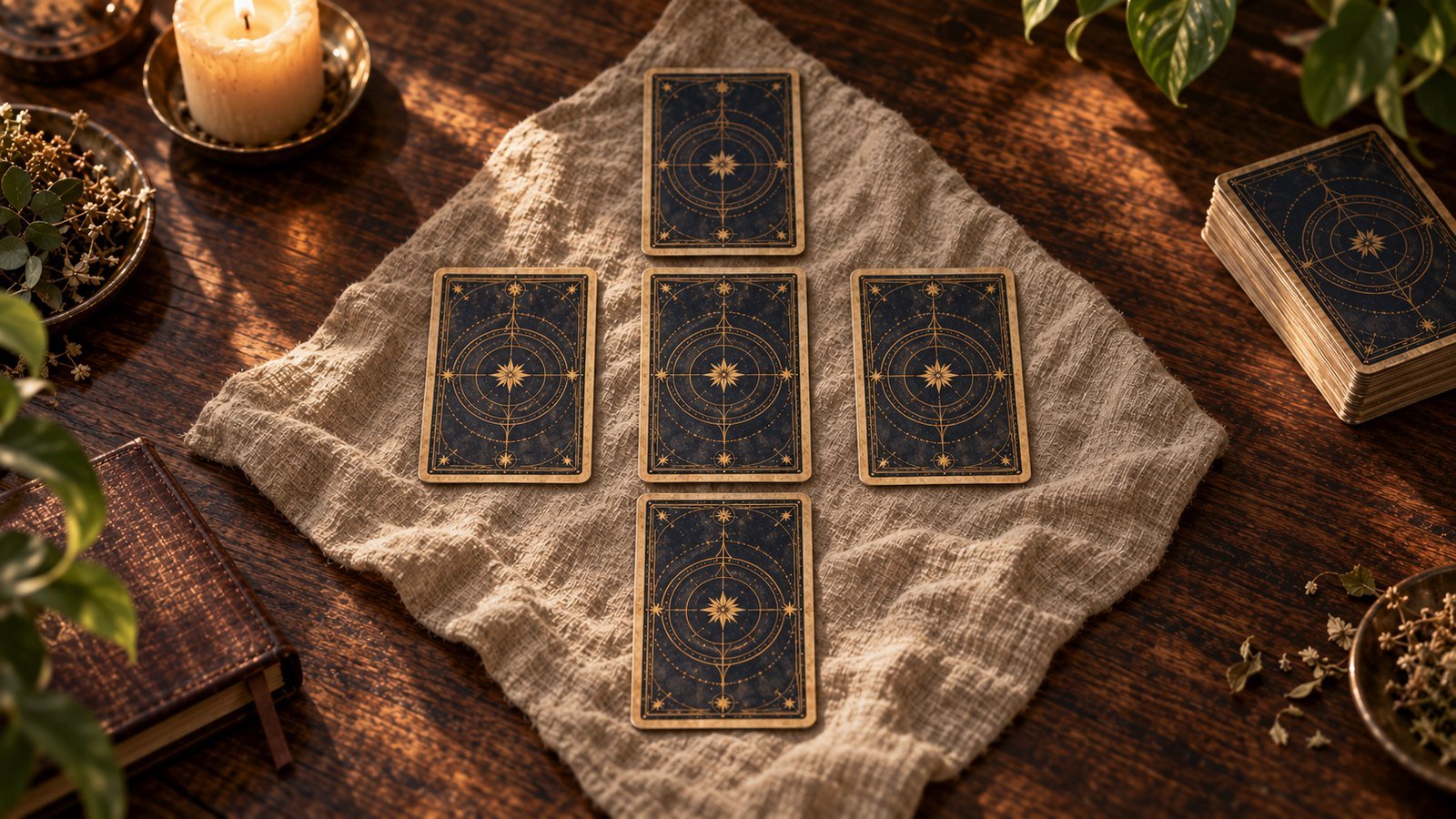 Una tirada de cartas de tarot sobre un paño de lino, junto a una vela.